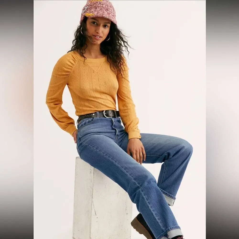 Free People Ella Puff sleeve pointelle long sleeve Top
